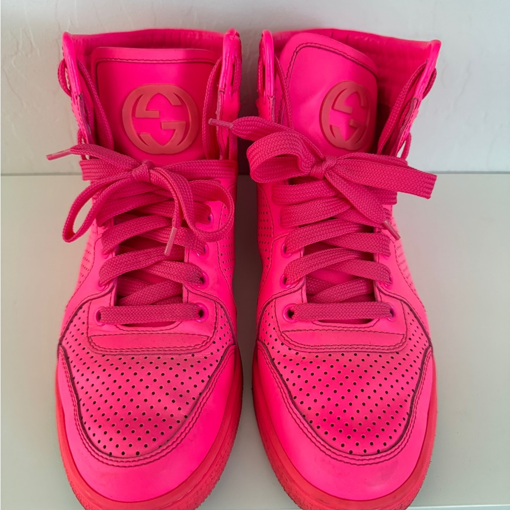 Rare Gucci Pink High-Top Sneakers with Perforated Design